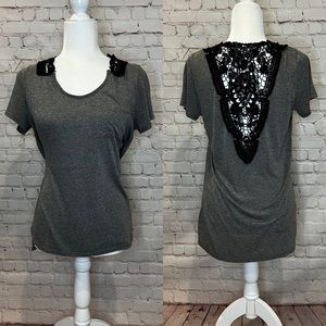 Gray Pocket Top With Black Lace Back